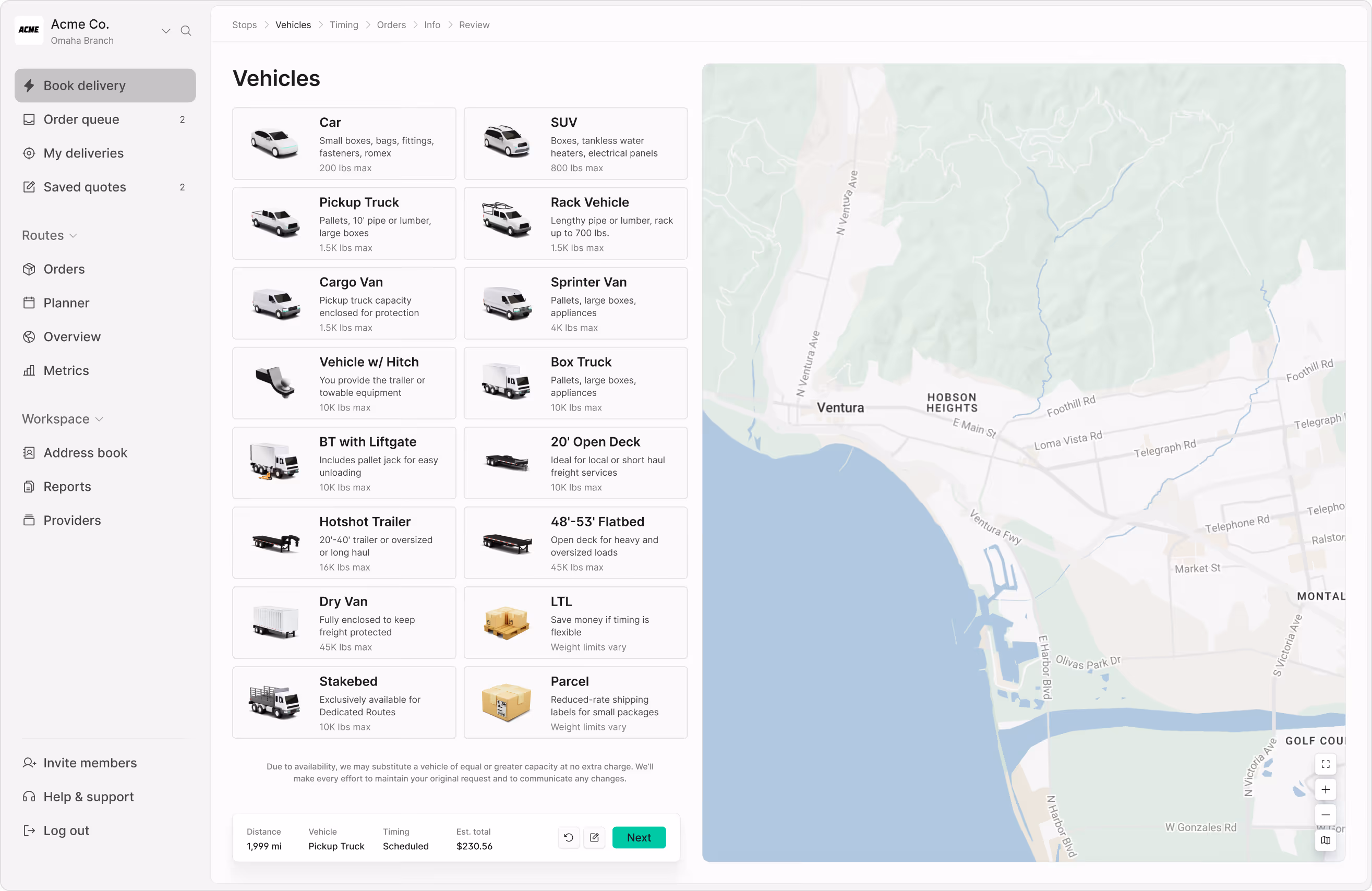 Curri Hotshots booking interface showing vehicle selection, route map, and real-time driver match