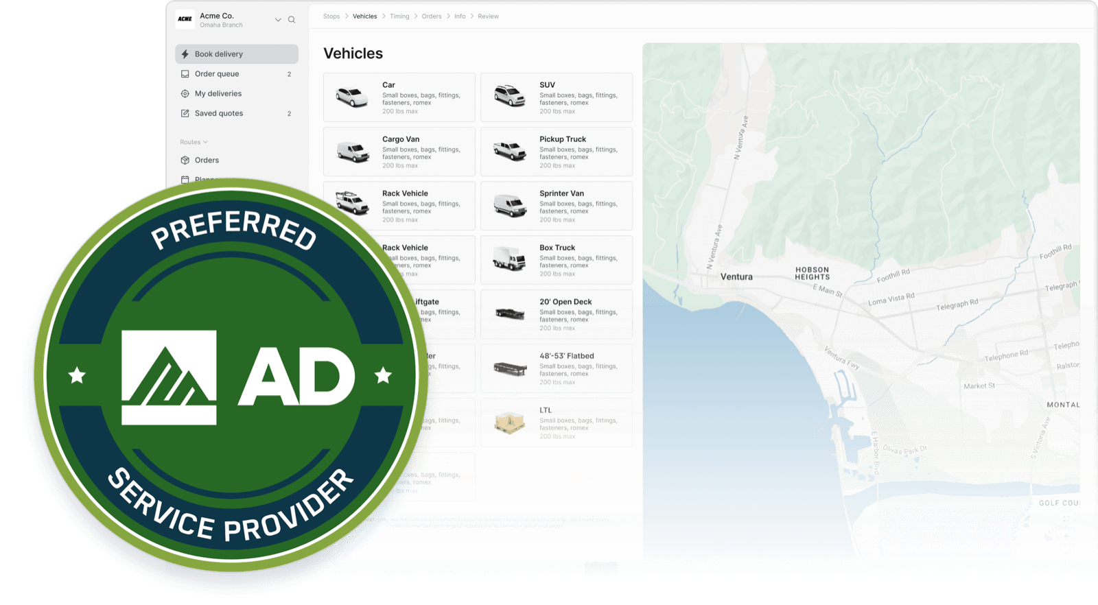 Curri for Affiliated Distributors — AD Preferred Service Provider badge over a delivery route map showing multi-stop construction-supply runs