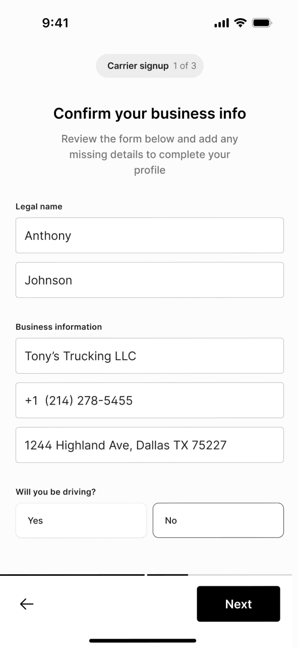 Curri carrier signup — confirm your business info form
