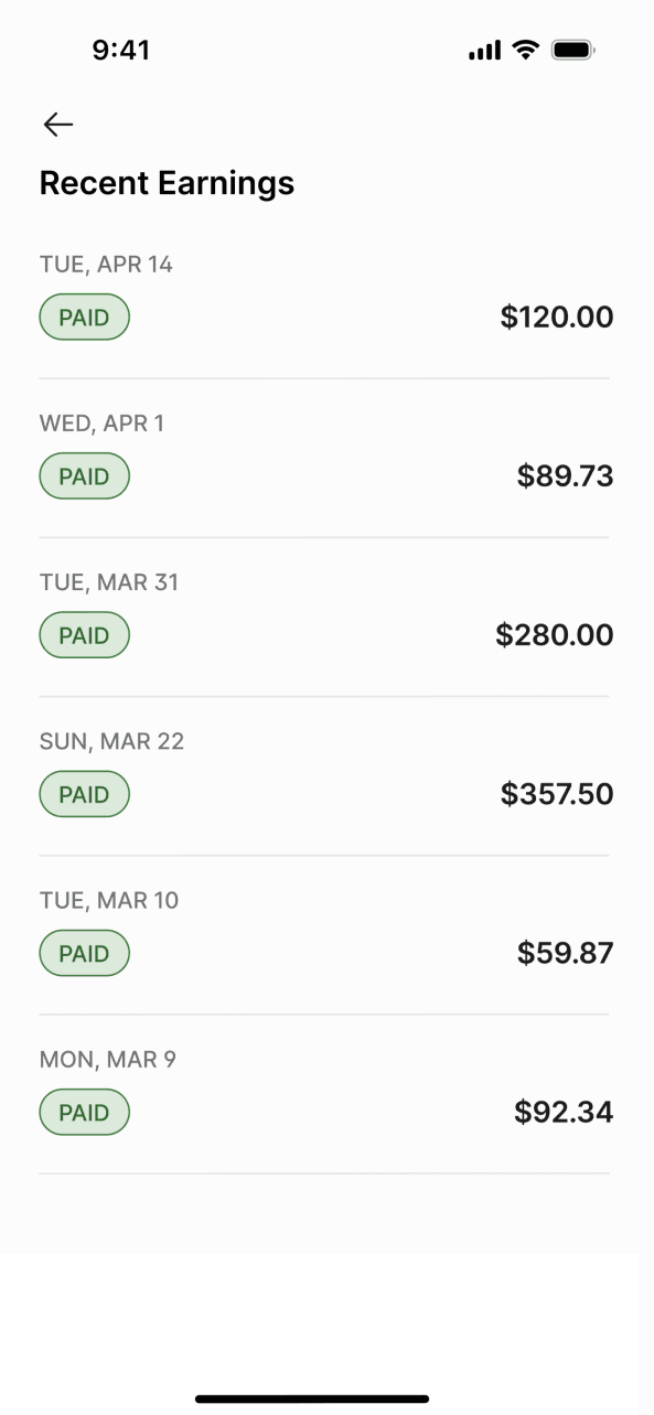 Recent Earnings screen showing PAID entries and amounts