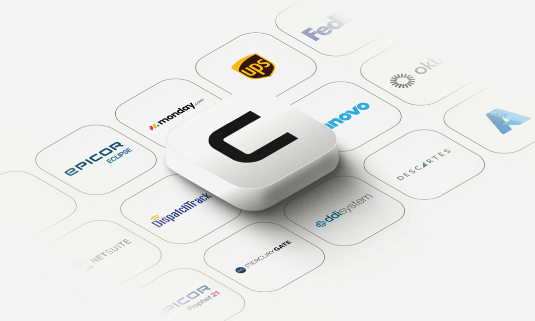 Grid of ERP and WMS integration logos — Epicor, NetSuite, SAP, and more — centered around the Curri app icon to show one-click carrier management integrations