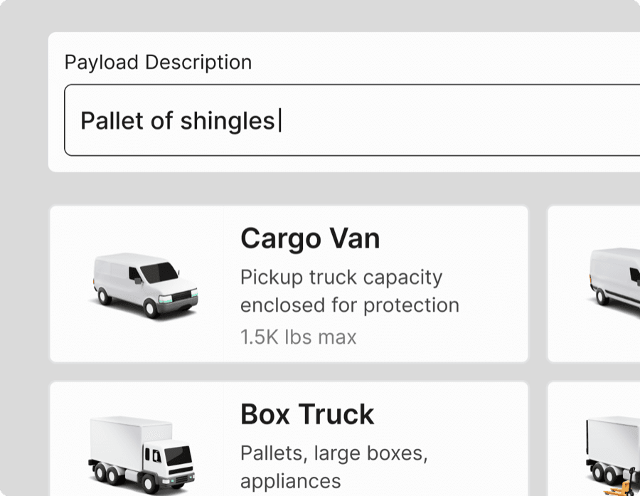 Curri carrier management booking UI — payload description input with Cargo Van and Box Truck vehicle tiles showing weight capacity for instant rate comparison