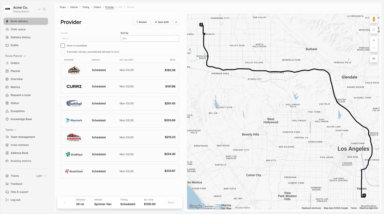Curri carrier management dashboard showing a provider list with SmartMatch rankings, real-time ETAs, carrier performance scores, and a live route map for a third-party freight delivery