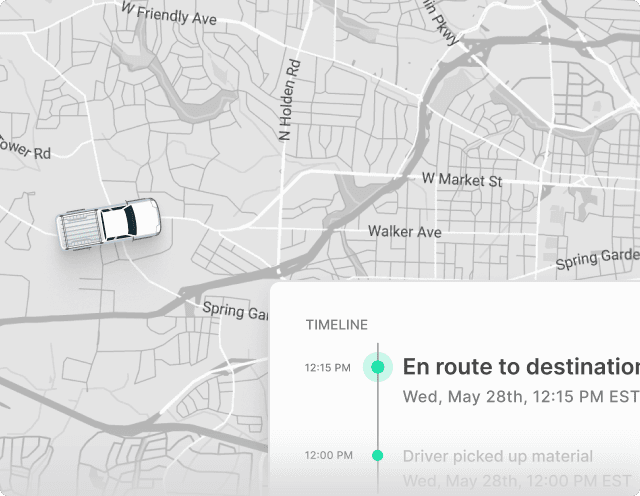 Curri live-tracking map showing an aerial-view delivery vehicle and a two-step timeline — material picked up, en route to destination — with a real-time driver ETA