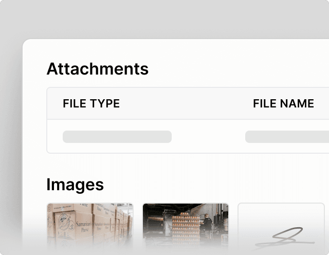 Curri Attachments panel on a job record with three proof-of-delivery photos and a digital signature file — no paperwork, no POs, BOLs, or invoices to chase