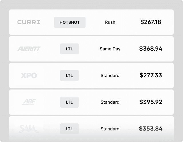 Rate comparison showing hotshot, LTL, and standard delivery pricing from multiple carriers