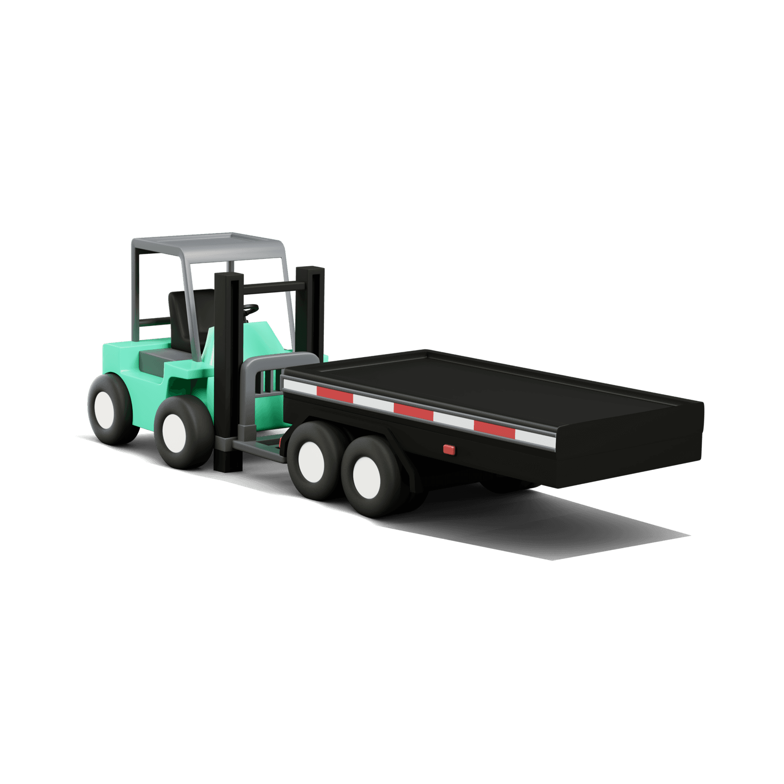 3D render of a Curri Moffett — flatbed truck with a piggyback forklift mounted to the rear for jobsite unloading