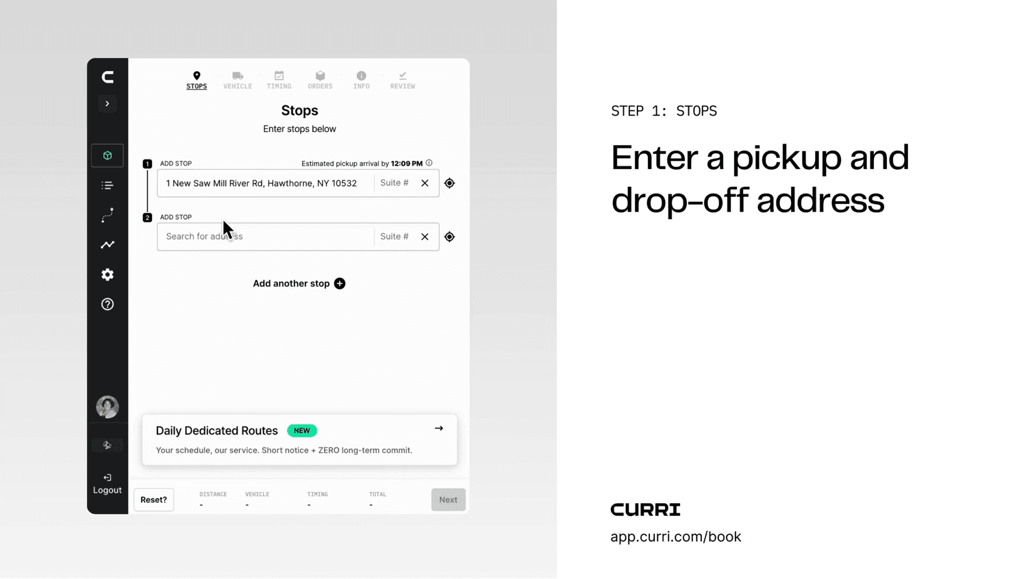 Step-by-step video preview showing the Curri Hotshots booking flow with pickup and drop-off UI