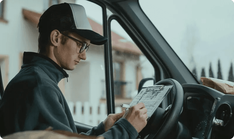 Delivery driver with a ball cap fills out paperwork on a clipboard in his van cab, running a final-mile electrical supply drop of wire, breaker panels, and conduit to a licensed electrician's jobsite.