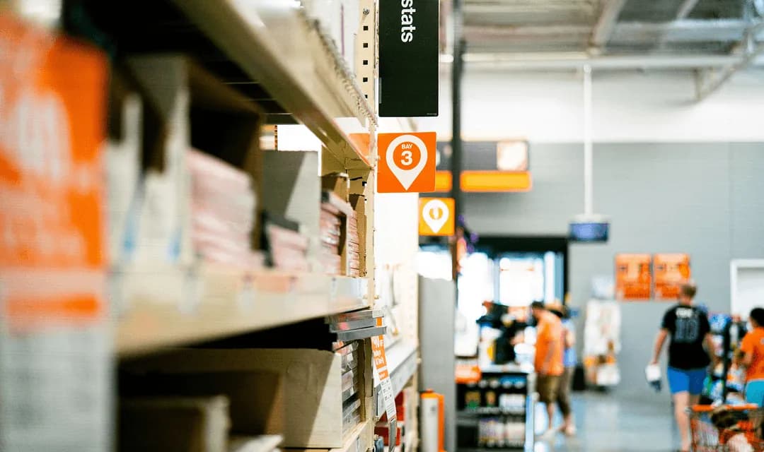 Inside a big-box home improvement retailer with orange price signage and stocked aisles, the kind of store whose BOPIS and buy-online-deliver-from-store orders Curri fulfills with same-day last-mile delivery.