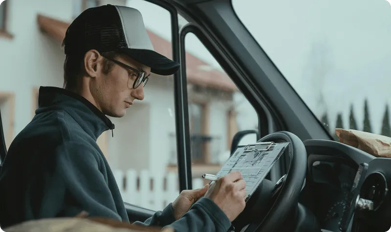HVAC delivery driver in a ball cap writes on a clipboard inside his van's cab, running a last-mile drop of ductwork, compressors, and condensers from an HVAC distributor to a technician on a job.