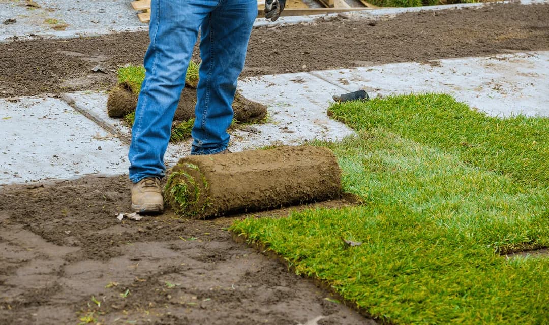 Landscaper in blue jeans and work boots unrolls a fresh roll of green sod onto prepped soil, the kind of job Curri supports with same-day delivery of sod, mulch, pavers, and hardscape material.