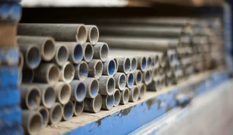 Rows of metal pipe stacked on a supply-house rack, ready to move—the kind of PEX, copper, and steel pipe Curri's fleet delivers from plumbing distributors to contractors and supply counters same-day.