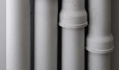 Tight stack of white concrete sewer pipes stored on edge, the kind of heavy wastewater infrastructure Curri delivers same-day from distributors to municipal, septic, and plumbing crews.