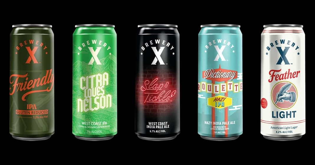 A lineup of Brewery X cans on the bar