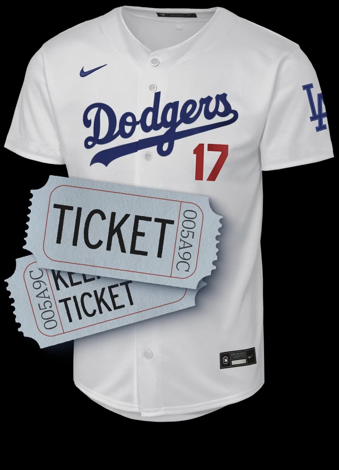 A white Dodgers jersey, number 17, with two raffle tickets