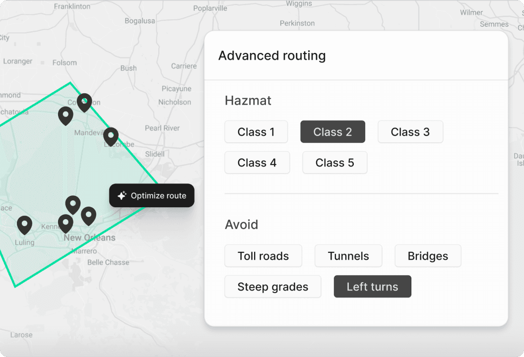 Curri advanced routing interface with route preferences for class, tolls, tunnels, bridges, and steep grades