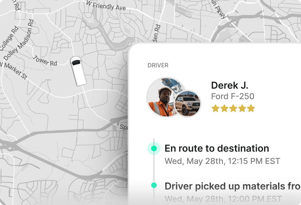 Curri live tracking map with a driver profile card showing en route to destination status and proof of pickup