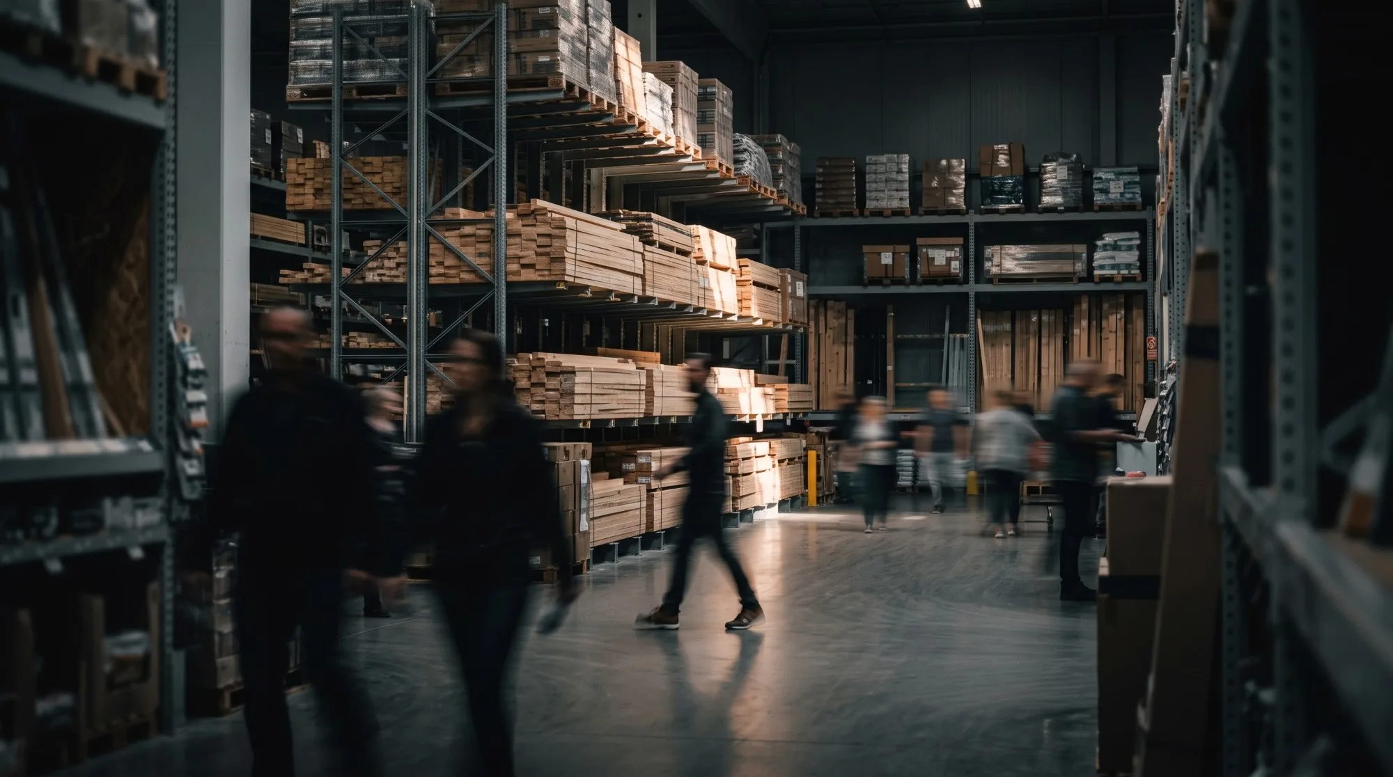Shoppers walking the lumber and building-materials aisle of a home center