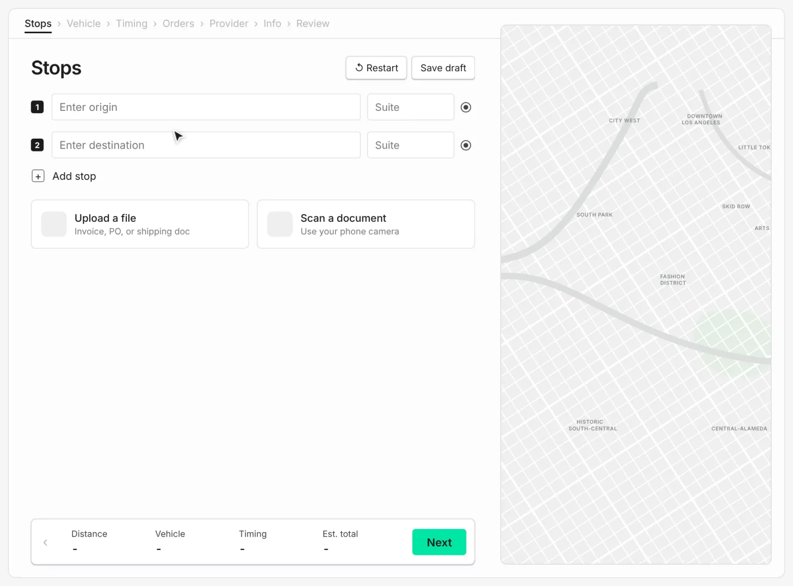 Curri booking flow: entering origin and destination stops, choosing a vehicle, and confirming a same-day delivery