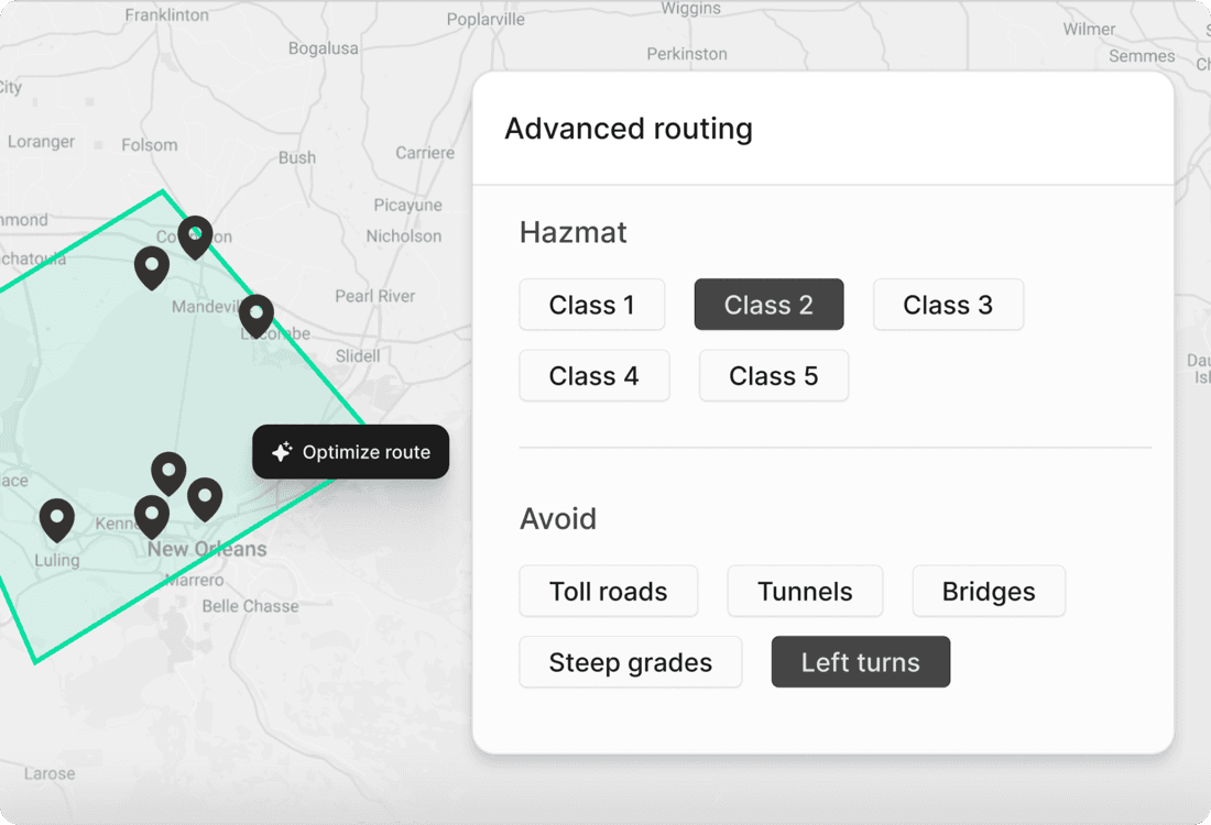 Curri Route Planner advanced routing panel — Hazmat class and avoidance controls (toll roads, tunnels, bridges, steep grades, left turns) with an Optimize route button over a multi-stop delivery map