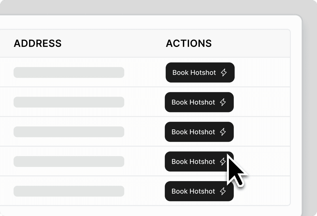 Curri Route Planner dispatch panel — addresses listed next to per-stop Book Hotshot action buttons for tapping into Curri's nationwide driver network to fill extra capacity