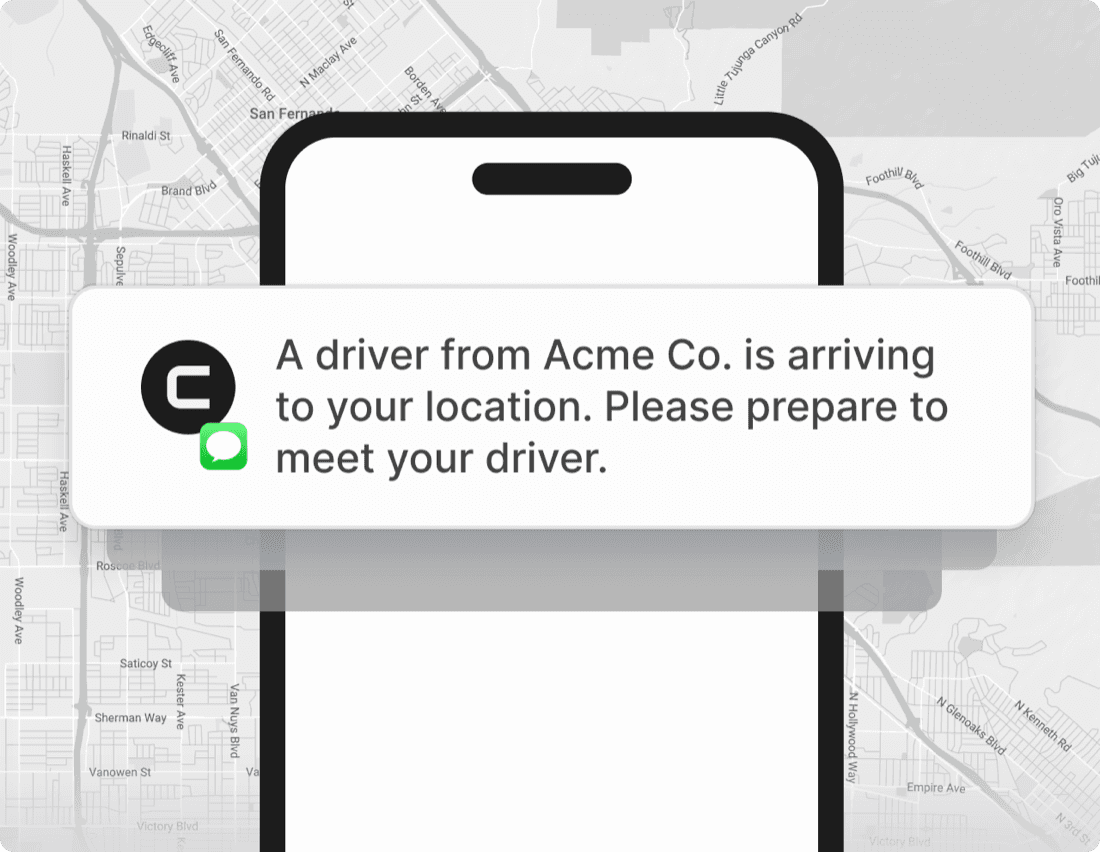 Curri Route Planner real-time delivery notification — a customer phone showing an incoming alert that a driver from Acme Co. is arriving, overlaid on the live tracking map