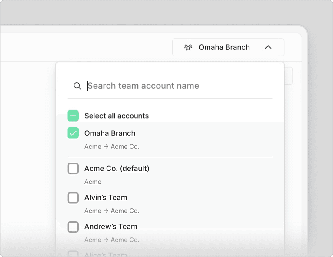 Curri Route Planner team accounts panel — Omaha Branch account with searchable team list including Alvin's Team, Andrew's Team, and Acme Co. for unified first- and third-party fleet routing