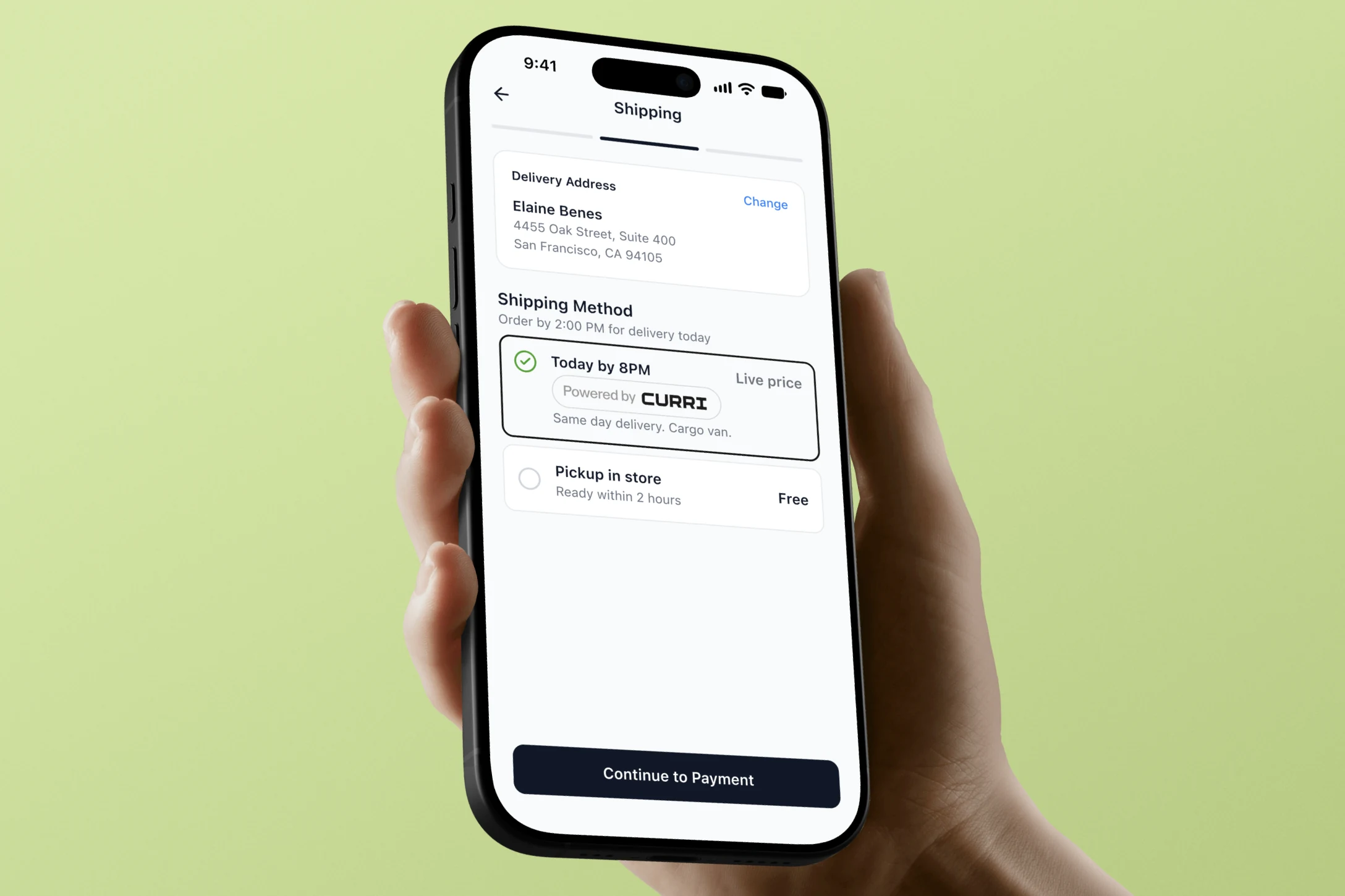 A hand holding a phone showing a shipping step with a same-day delivery option, Today by 8PM, powered by Curri, next to a free pickup in store option