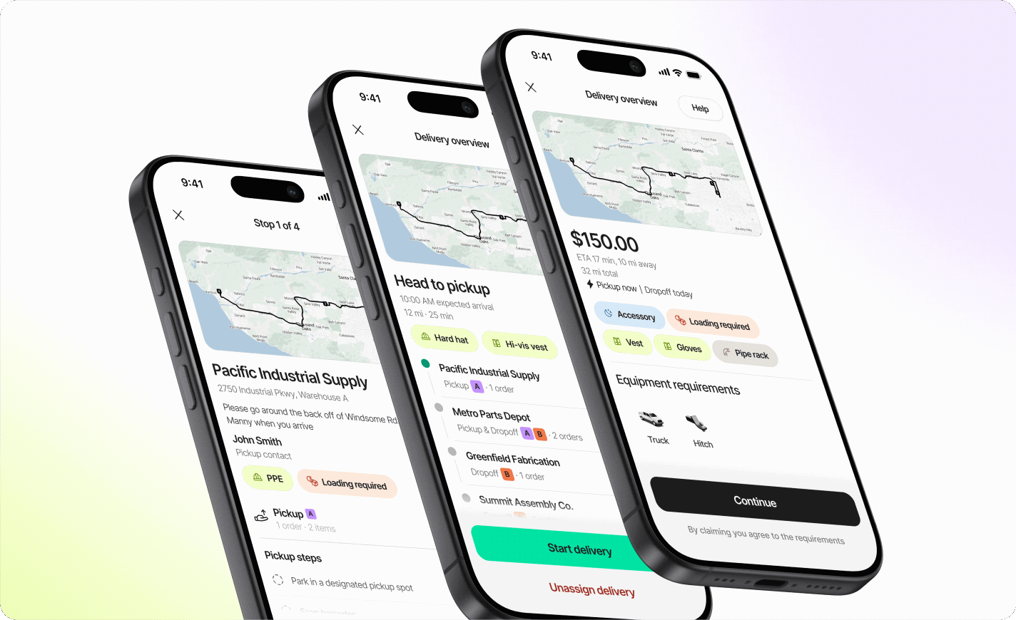 Three screens from the redesigned Curri Driver app: pickup details for a stop, turn-by-turn navigation to the pickup, and a delivery overview showing pay, equipment requirements, and a Continue button