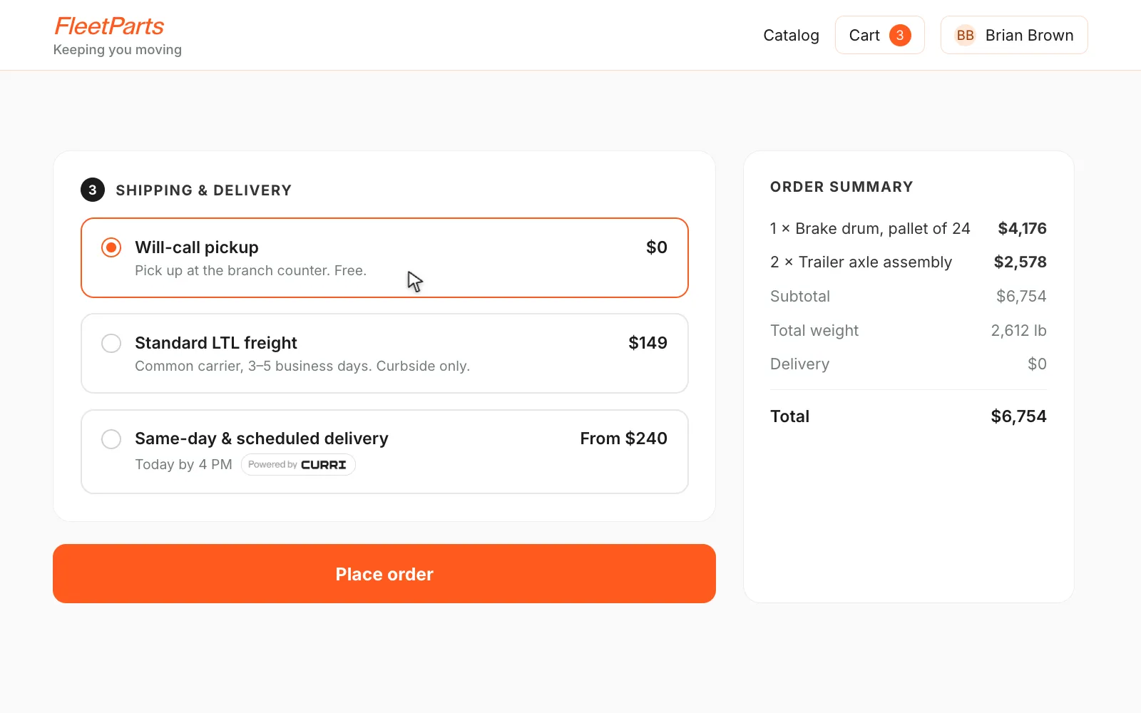 A storefront checkout choosing same-day delivery with Curri, a box truck and driver matched to the order, and a tracking page with proof-of-delivery updates as the truck follows the roads to the drop