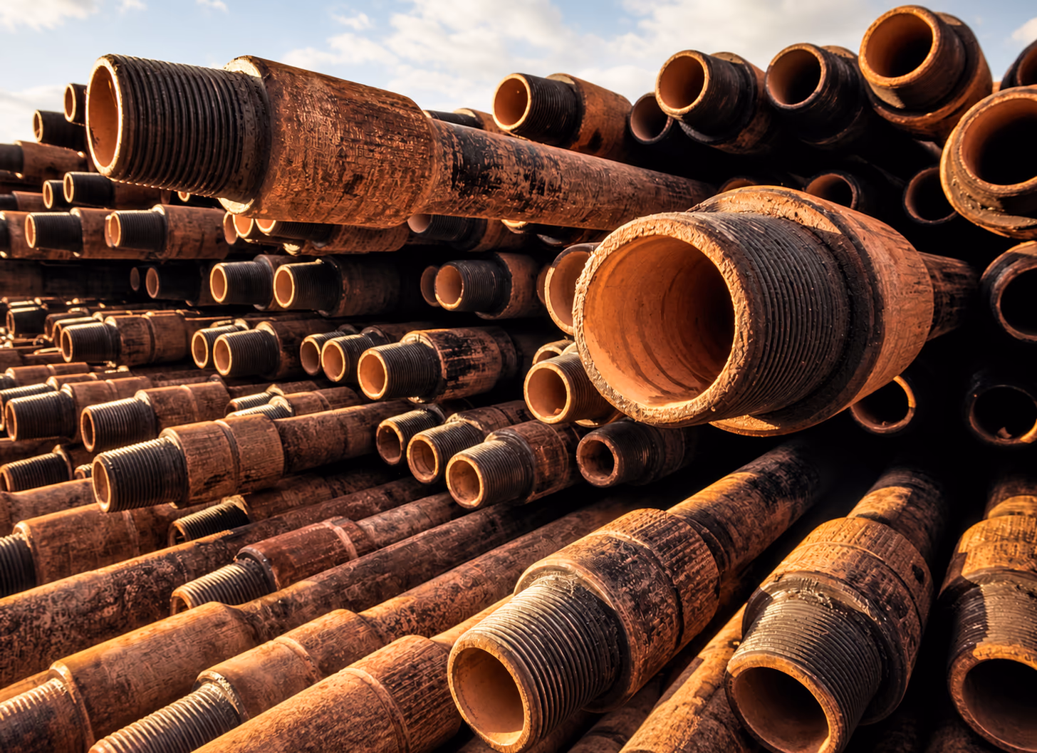 Racked drill pipe stacked in a yard at low sun, pin-end tool joints facing the camera — the tubulars and downhole inventory Curri moves from the supply house out to the lease.