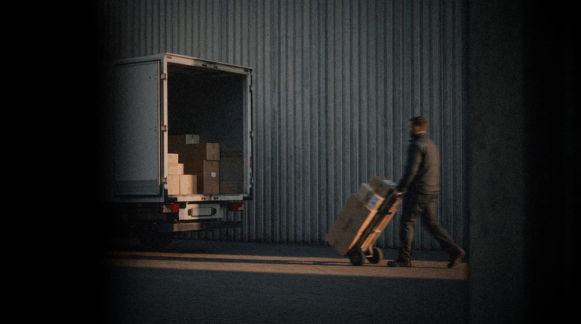 A driver wheeling boxes on a hand truck away from an open box truck