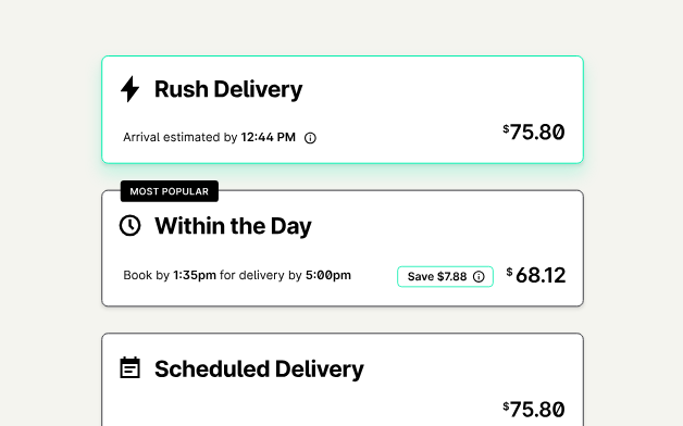 Screenshot showing Curri’s rush, same-day, and scheduled delivery options