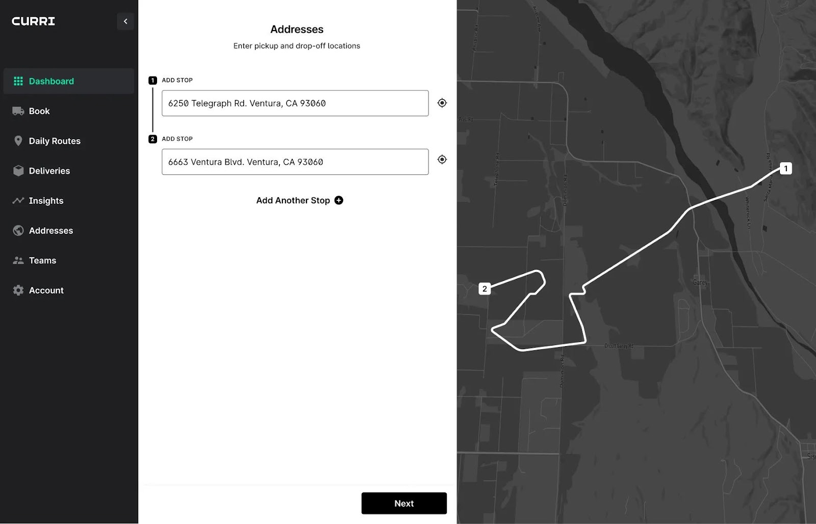 Screenshot of the Curri app showing the address entry and route planning screen. 