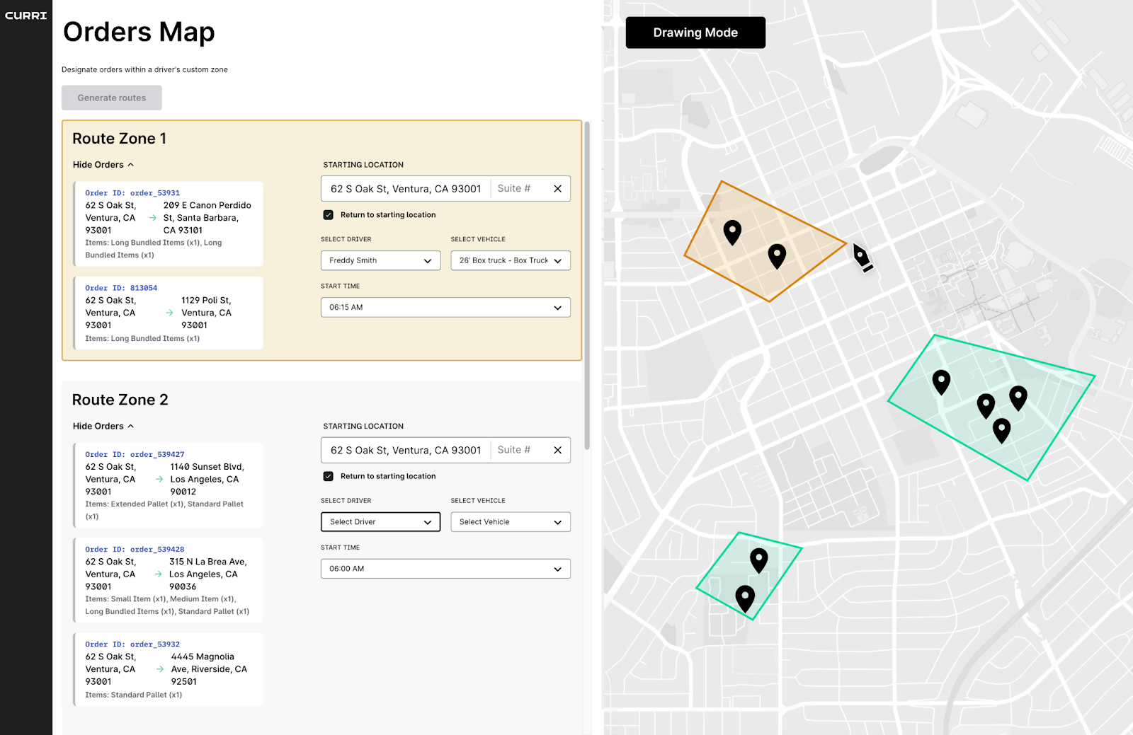 Screenshot of Curri’s Orders Map showing two route zones, delivery order details, driver and vehicle selection, start times, and a city map with pinned delivery locations grouped by colored zones.