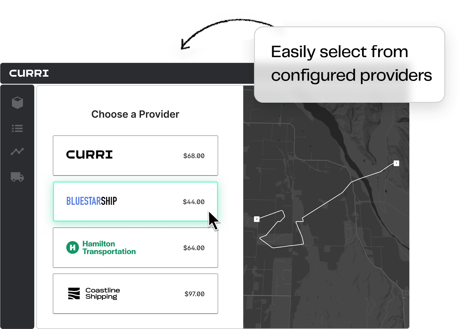 A screenshot of Curri’s platform shows a list of configured delivery providers with pricing options and a map displaying the delivery route. A user hovers over a selected provider for optimized decision-making.