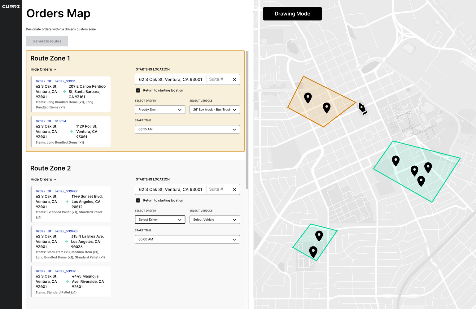 Screenshot of Curri's dashboard showing route optimization tools, including delivery zones, assigned drivers, vehicles, and start times. A map displays delivery stops organized into optimized zones for efficient scheduling.
