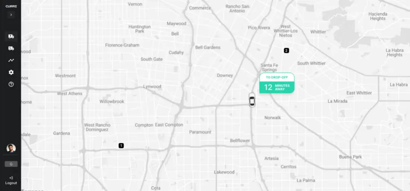 Screenshot of Curri’s real-time virtual fleet tracking feature showing a map with vehicle locations, delivery routes, and time estimates for drop-offs, offering complete visibility into ongoing deliveries.