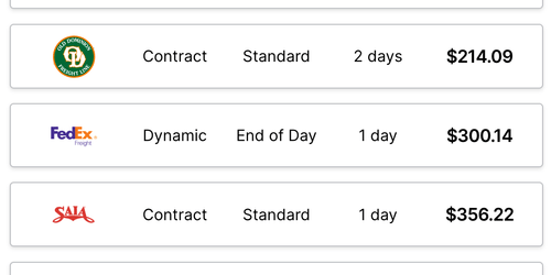 Screenshot of a Curri interface displaying three LTL shipping options such as FedEx, Saia, etc.