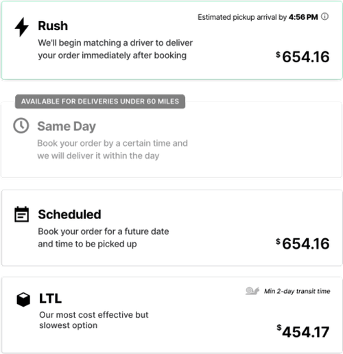 Screenshot from Curri displaying four delivery processes: Rush with immediate driver matching, Same Day (unavailable for deliveries over 60 miles), Scheduled for future bookings, and LTL with a minimum 2-day transit time.