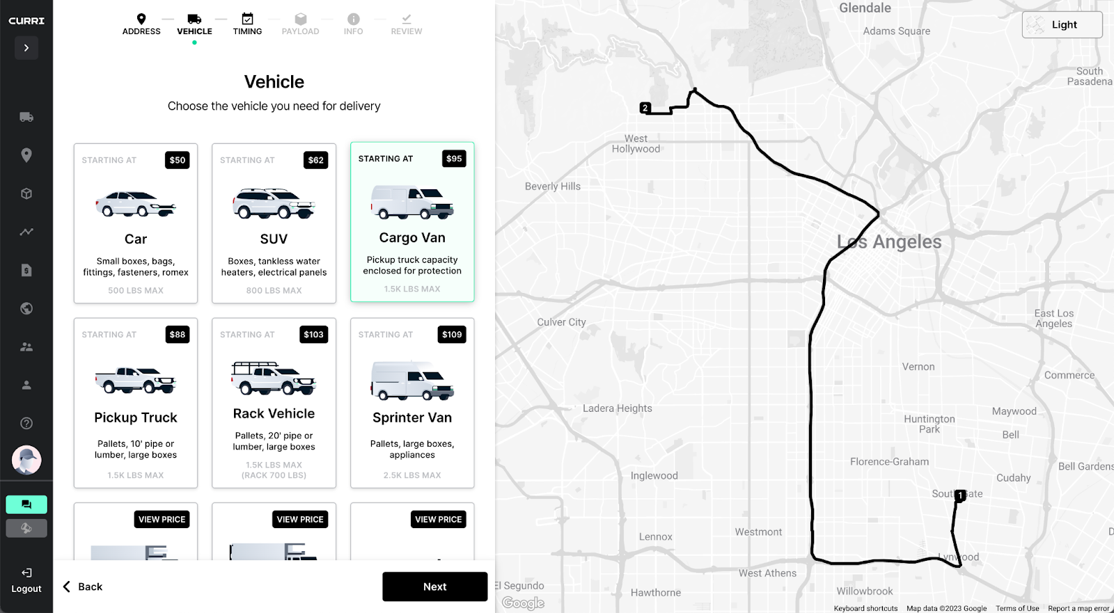 Screenshot of the Curri app showing the vehicle selection screen for delivery. 