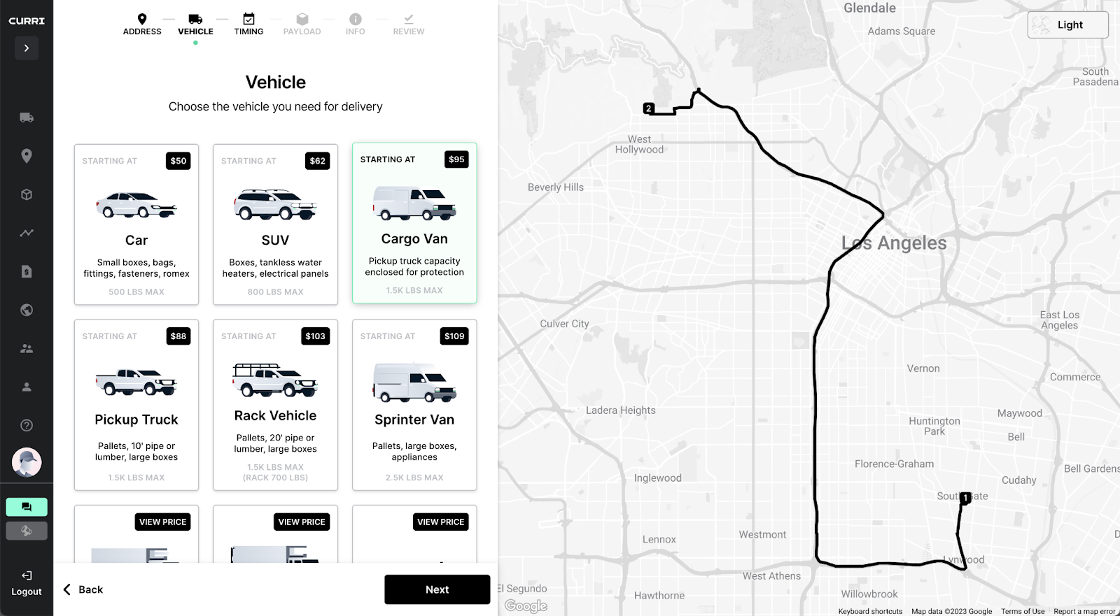 Screenshot of Curri’s delivery platform