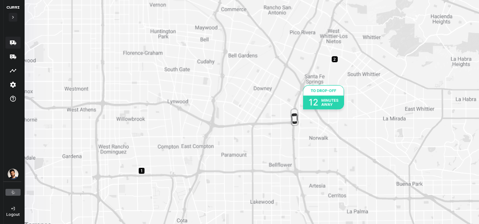 A map view of Curri's real-time tracking interface, showing delivery routes and vehicles, along with a schedule timeline below to monitor delivery progress throughout the day.