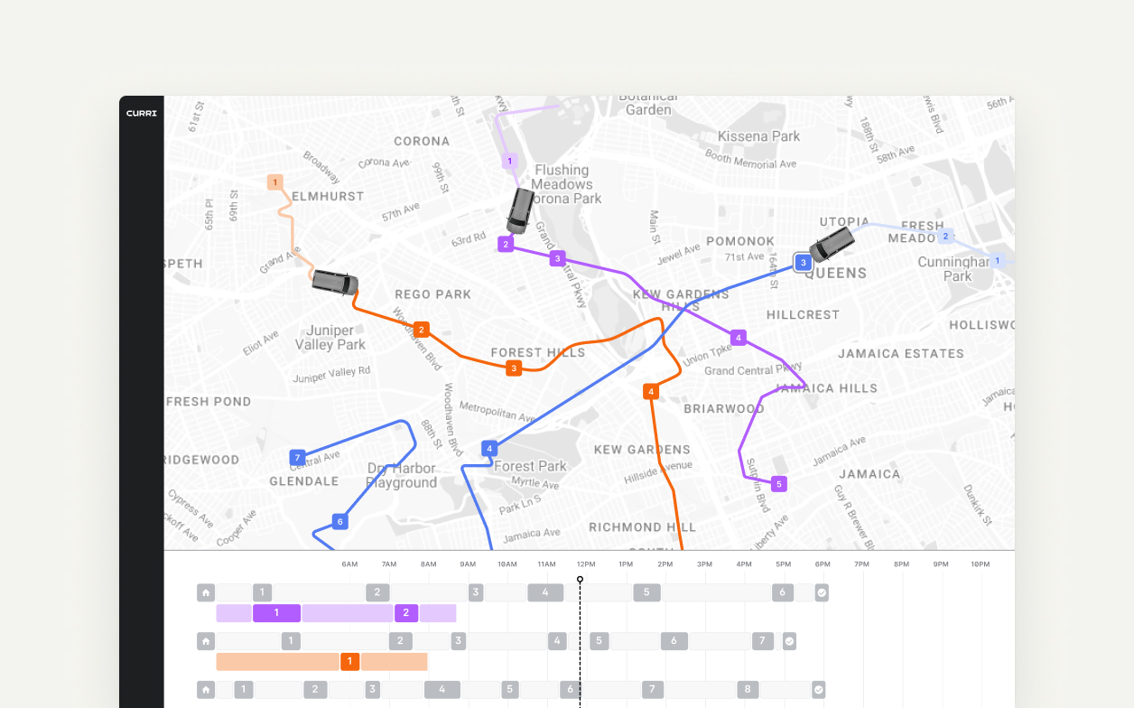Screenshot of Curri’s GPS fleet tracking dashboard showing multiple delivery vehicles and routes across Queens, New York, with a timeline of stops and a schedule below the map.
