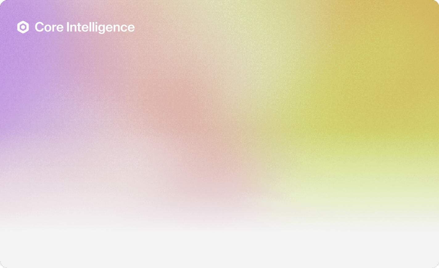 Curri's Core Intelligence wordmark and hexagon icon over an animated purple-to-green gradient background